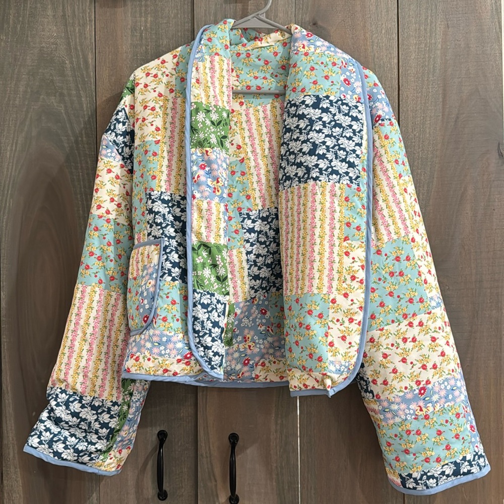Patchwork Floral Quilted Jacket - Light Blue
